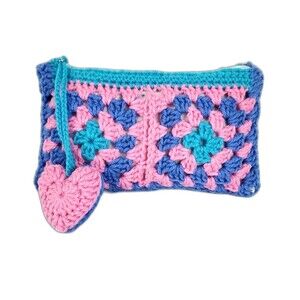 New Handcrafted Crochet Clutch Blue Pink Teal Case Granny Heart Crochet Charm
